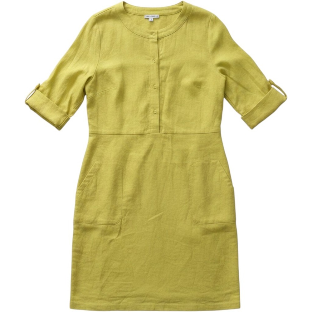 Linas Citrus Green Linen Roll Tab Sleeve Shift Dress with Pockets Size 44